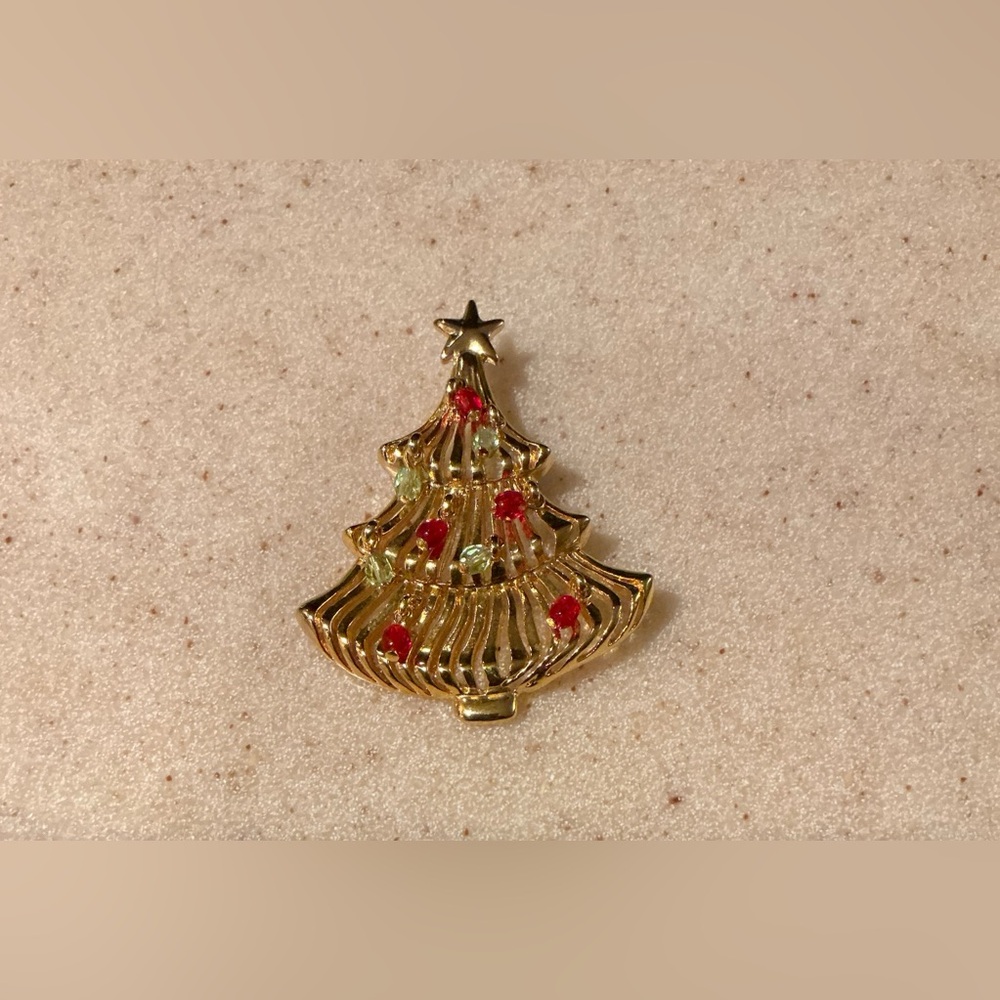 Gold Christmas Tree Brooch with Red and Green Accents